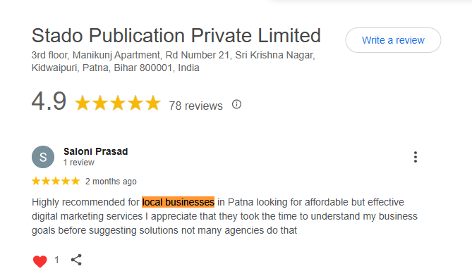 A Review snapshot from stado google business profile: Saloni Prasad

5-Star

Highly recommended for local businesses looking for affordable but effective digital marketing services I appreciate that they took the time to understand my business goals before suggesting solutions not many agencies do that
