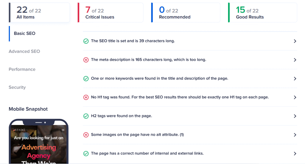 A screenshot of a SEO audit tool that showing typical audit result about meta tags and images